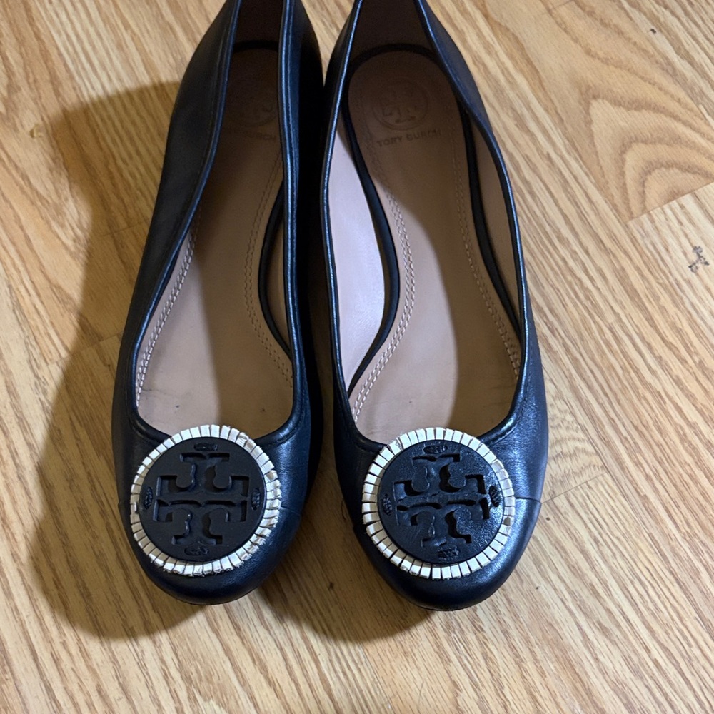 Tory Burch Black Flats with Silver Medallion